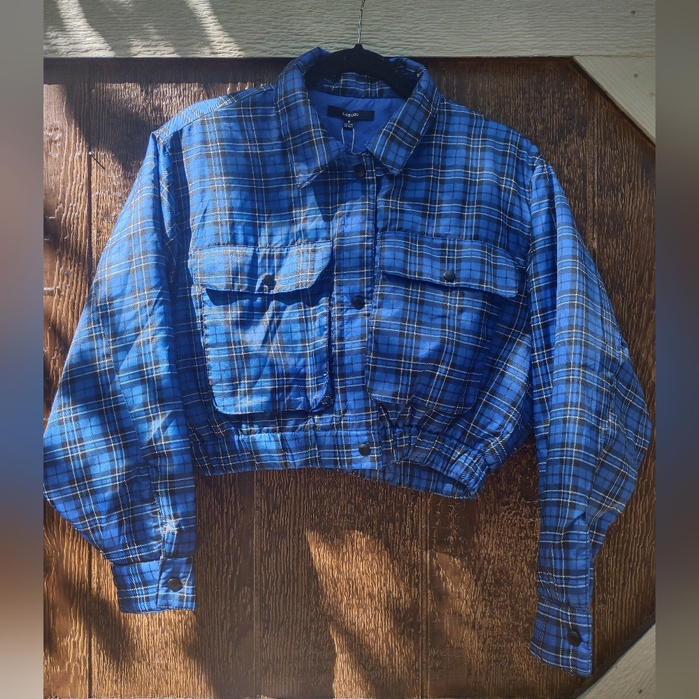 Labijou Blue Plaid Cropped Puffer Coat Women's Small New